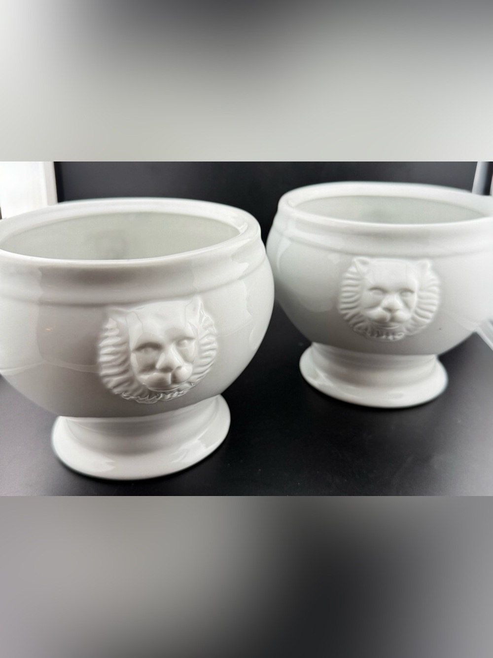 2 Sur La Table lion head handles soup bowls. Large. White porcelain. 38 oz